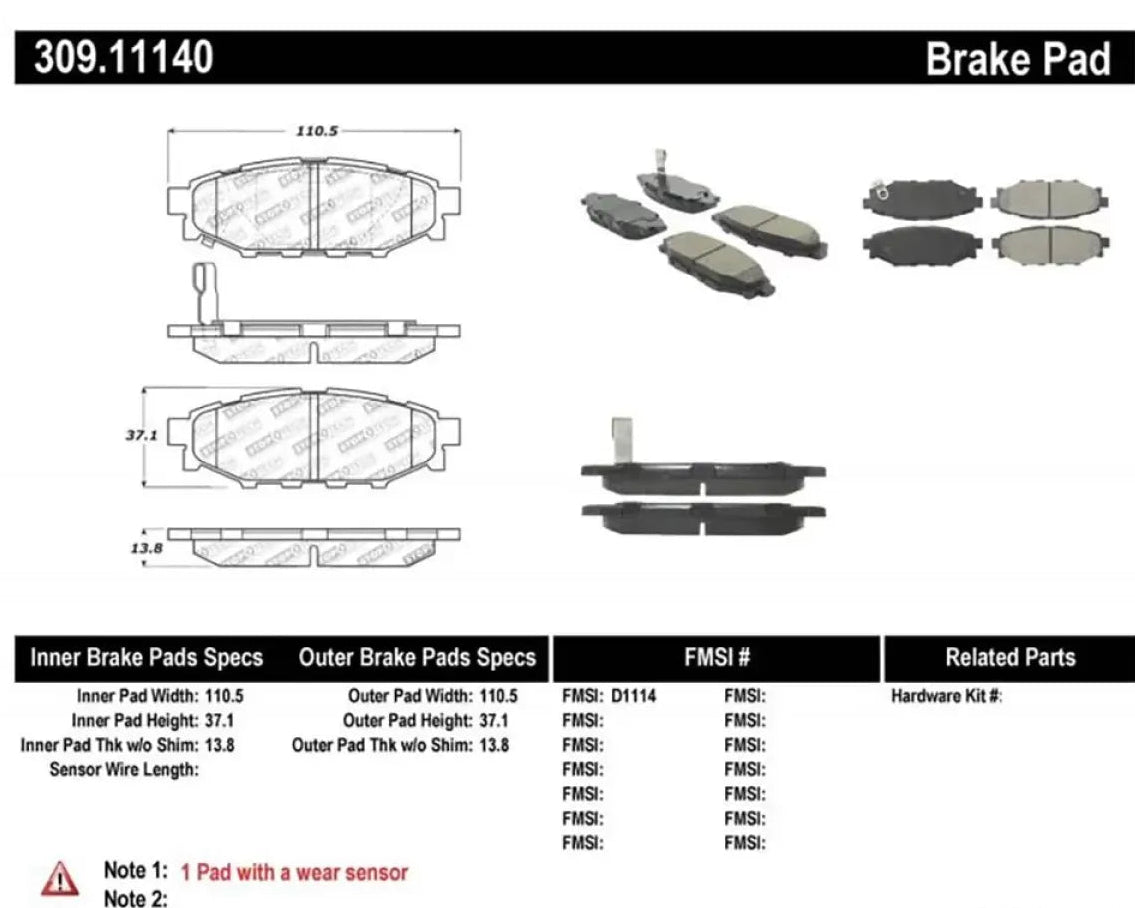 StopTech SPORT Brake Pads for Subaru WRX REAR 15-21, 309.1114